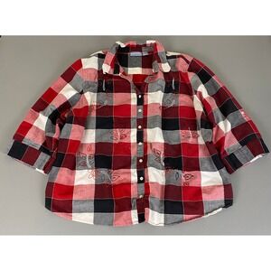 Liz&Me Shirt Button Up Top Plus Size 4X Red Floral Plaid 3/4 Sleeve Embroidered*